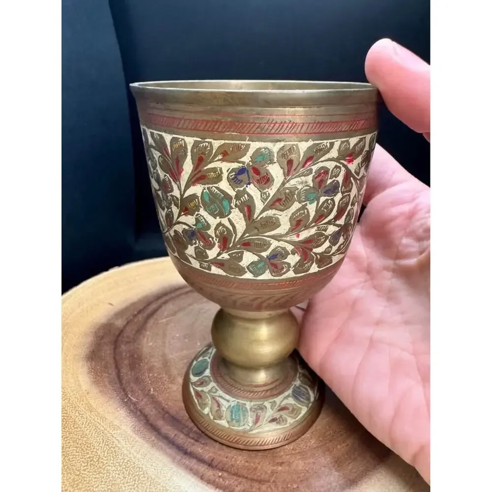 Vintage brass Pedestal Display Cup Etched with Enamel Floral Design